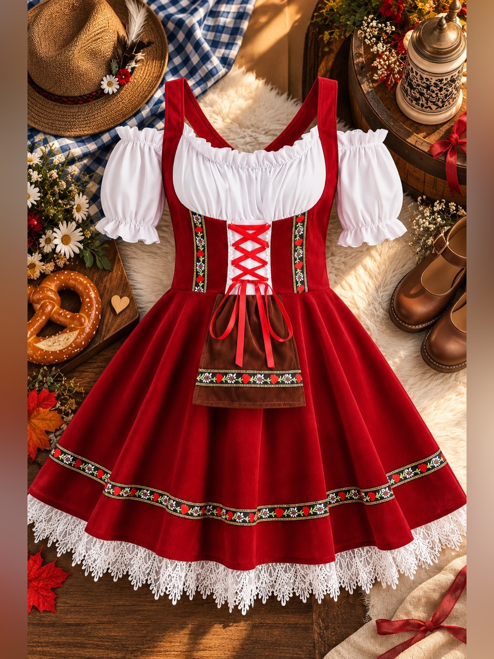 Bavarian Oktoberfest Dirndl Dress Red 2XL German Inspired Costume